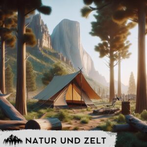 „Zelt mit Vorzelt auf einem malerischen Campingplatz, umgeben von Bäumen und einer sonnigen Wiese, ideal für entspannte Campingausflüge.“