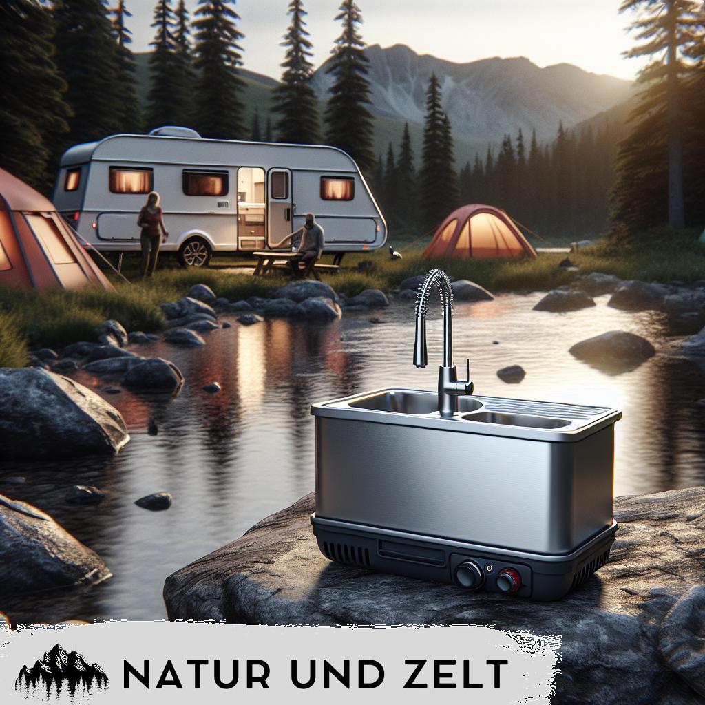 ALT-Text: „Modernes Waschbecken im Wohnwagen, ideal für Camping und Reisen, mit praktischem Design und platzsparenden Funktionen.“
