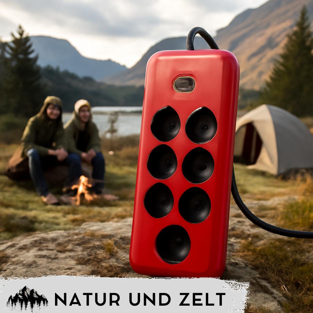 Überspannungsschutz für Camping: Sicherer Stromanschluss mit hochwertigem Überspannungsschutzgerät auf dem Campingplatz bei sonnigem Wetter