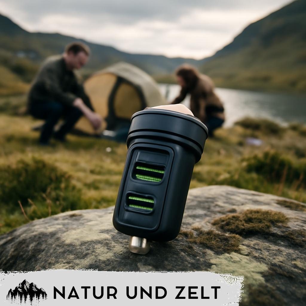 Alt-Text: Camping-USB-Ladegerät beim Outdoor-Camping an einem Zelt mit mehreren angeschlossenen Geräten.
