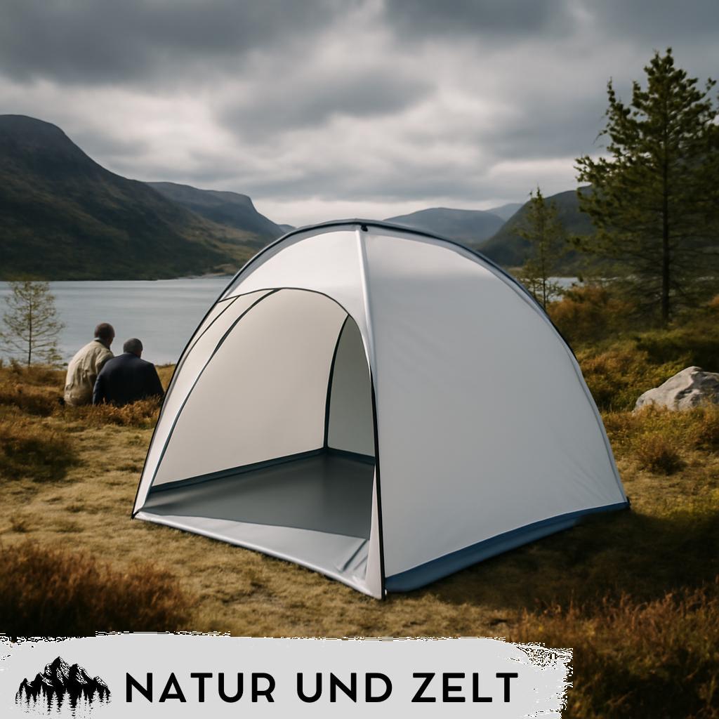 UV-Schutzzelt im Einsatz beim Camping, schützt zuverlässig vor intensiver Sonneneinstrahlung und bietet schattigen Rückzugsort im Freien.