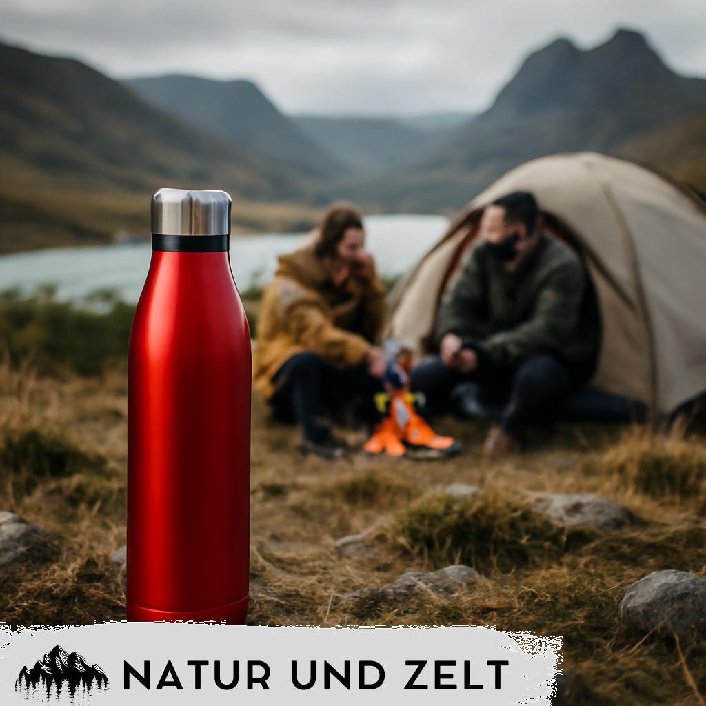 ALT Text: Robuste Camping-Vakuumflasche aus Edelstahl, ideal zum warm- und kalthalten von Getränken beim Outdoor-Camping.