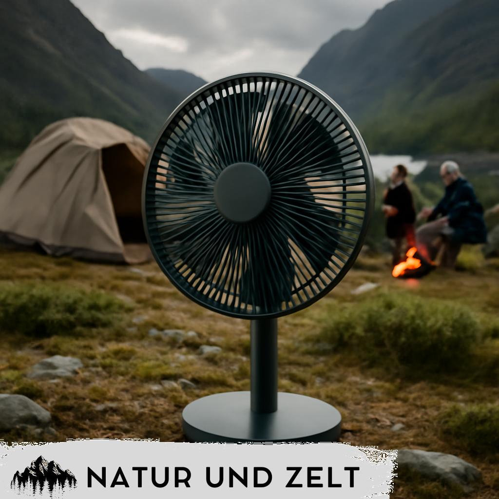 ALT Text: Moderner Ventilator auf einem Campingtisch, der für angenehme Kühlung während des Campingurlaubs sorgt
