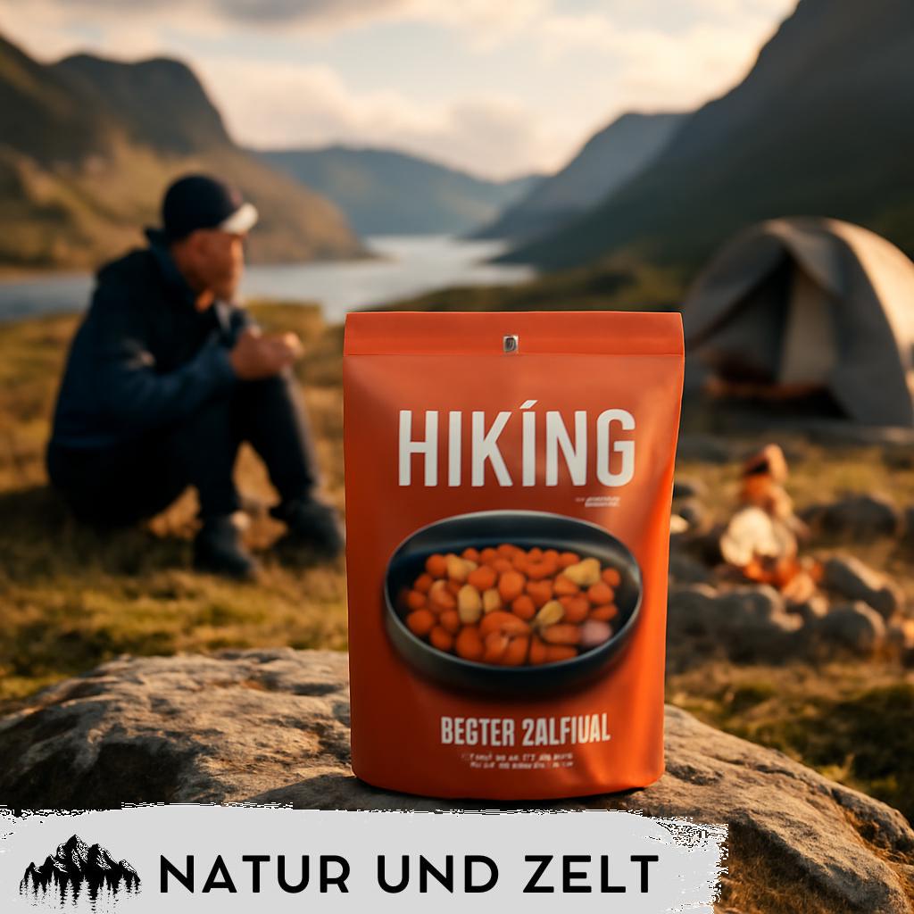 Alt-Text: „Verschiedene Packungen Camping-Trockennahrung übersichtlich arrangiert für die praktische Verpflegung beim Camping“