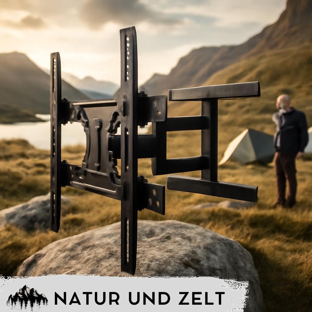 ALT-Text: Moderne TV-Wandhalterung ideal für Campingfahrzeuge, zeigt stabilen und platzsparenden Fernseher-Halter an der Wohnmobilwand.